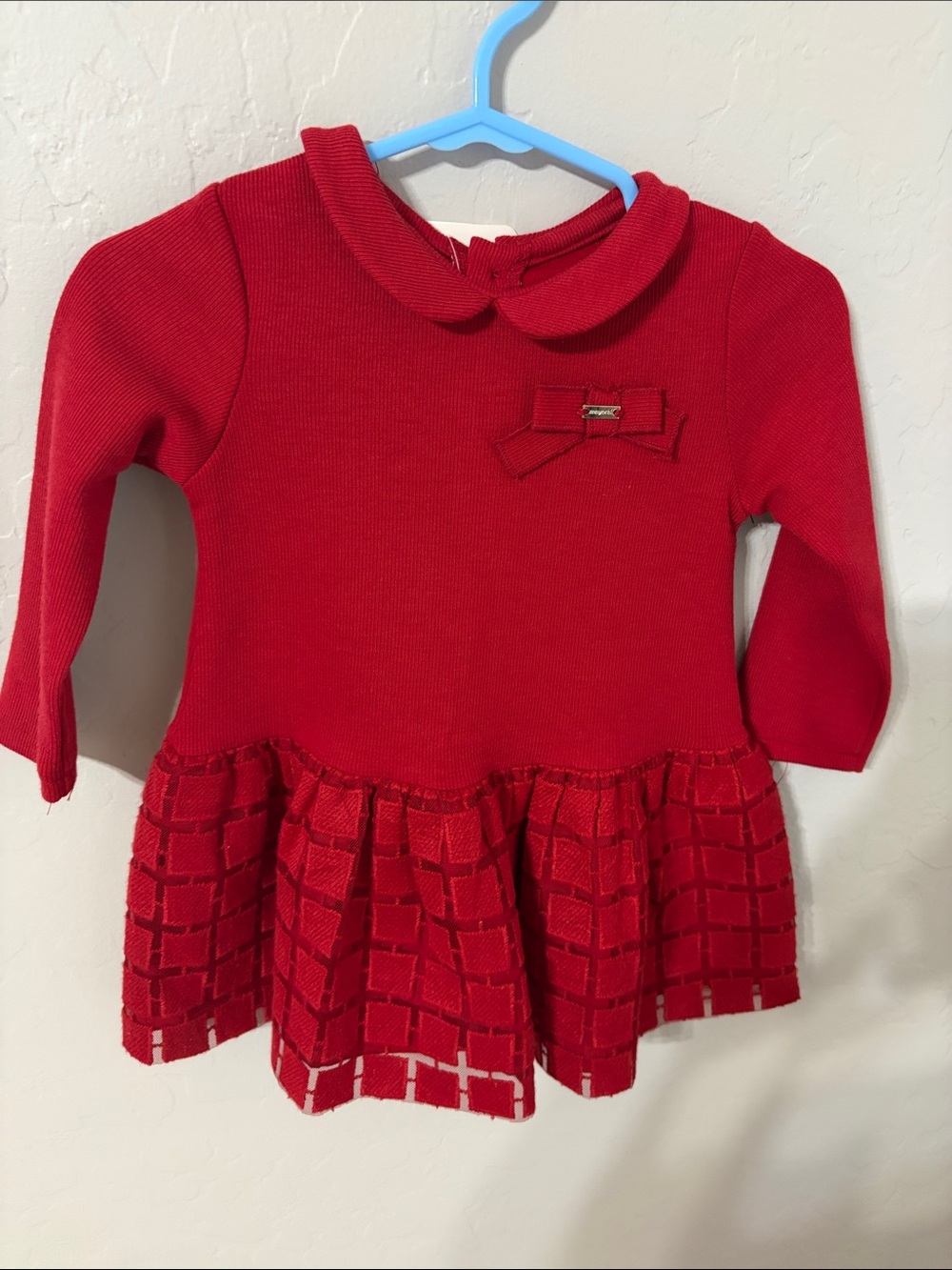 Mayoral Red Knit Dress with Pleated Grid Skirt and Bow